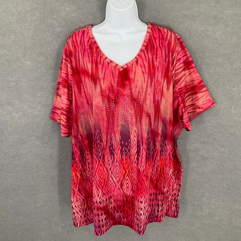 Catherines Womens‎ 2X Pink Red Embellished V Neck Short Sleeve Top Blouse